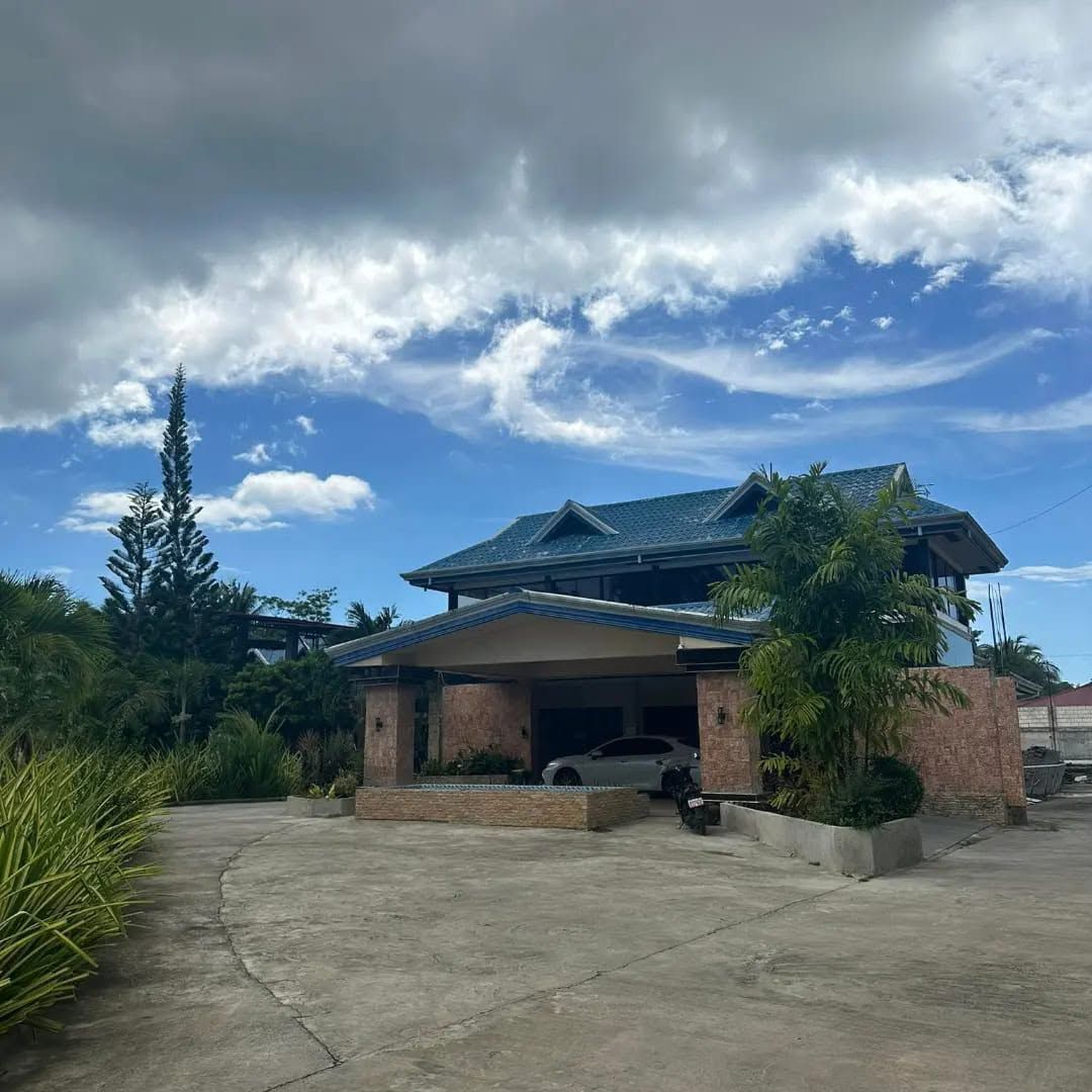 EricFlo's two-storey main house with a blue tiled roof, palms and a paved driveway